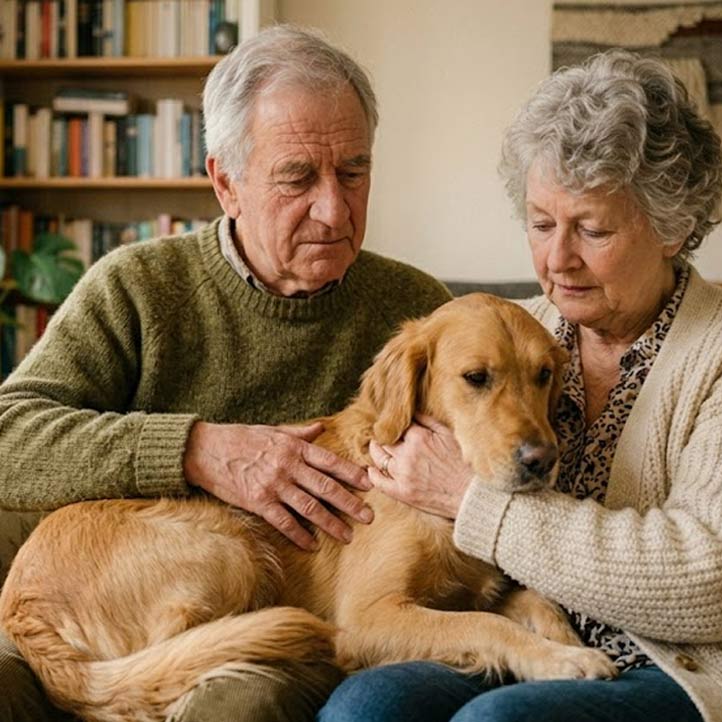 An elderly couple looking down with sad expressions while petting their dog