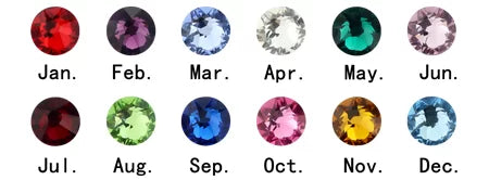 Birthstone color chart showing monthly birthstones from January to December for personalized jewelry