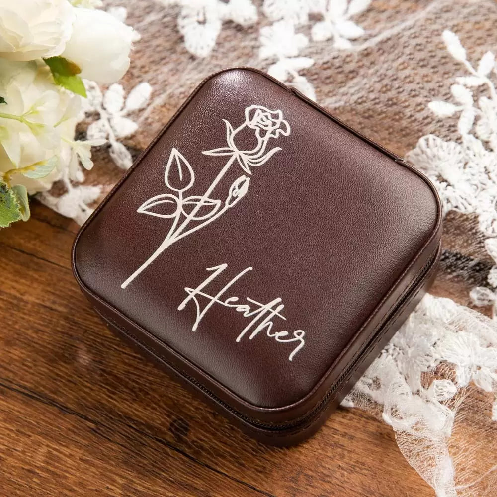 Brown vegan leather jewelry case with custom birth flower and name engraving