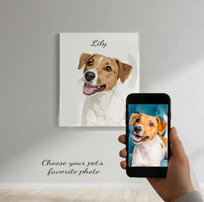 Before and after custom dog portrait canvas created from customer photo