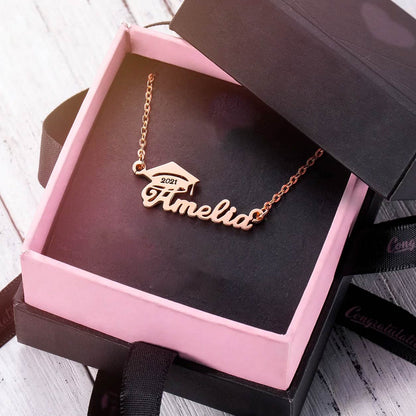 Personalized graduation name necklaces in red rose with bachelor cap design