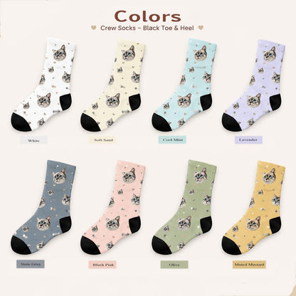 Collection of custom cat face-patterned socks in various colors with color labels.