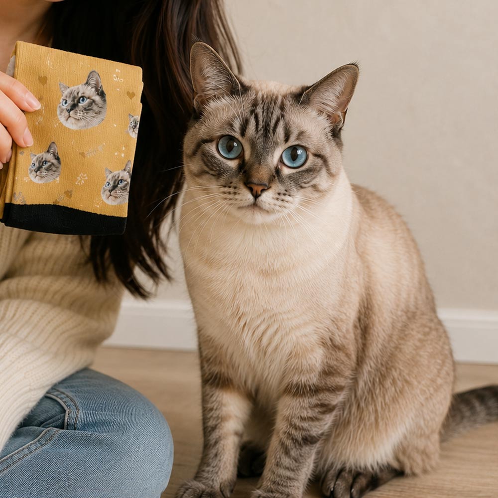 Woman holding mustard custom cat socks next to her Siamese cat