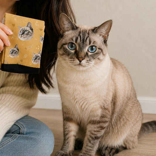 Woman holding mustard custom cat socks next to her Siamese cat