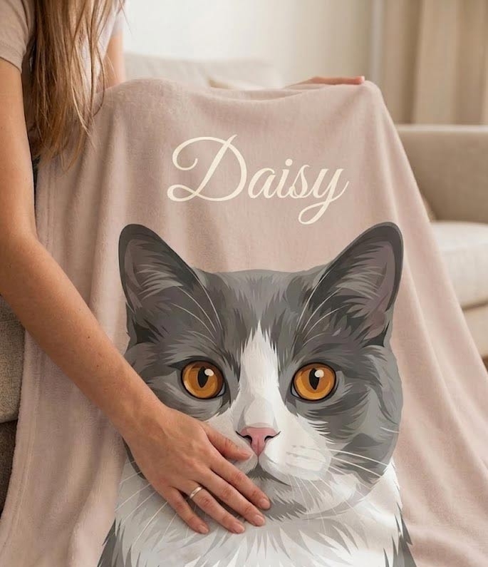 a woman is touching a custom pet portrait blanket