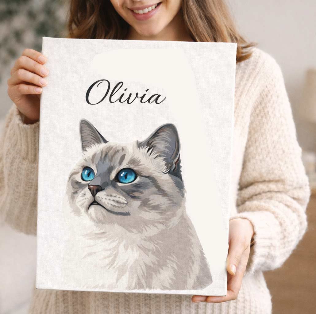 Woman holding a custom cat portrait canvas featuring a blue-eyed cat named Olivia on a white background