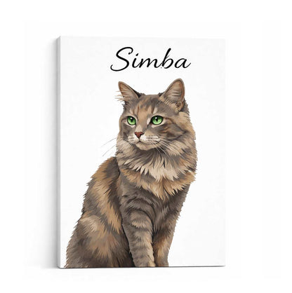 Custom cat portrait canvas featuring a long-haired tabby cat named Simba on a clean white background