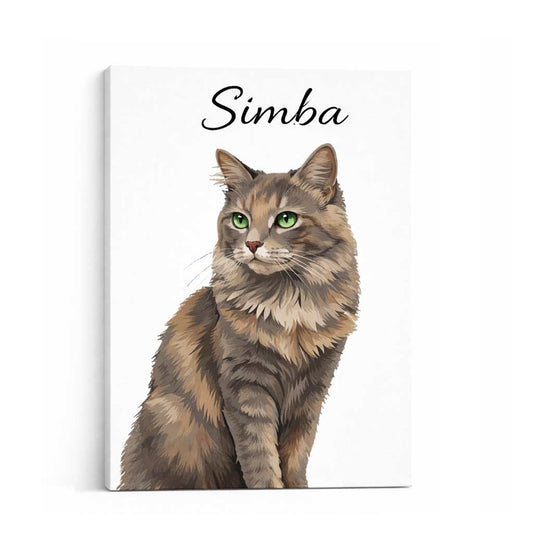 Custom cat portrait canvas featuring a long-haired tabby cat named Simba on a clean white background