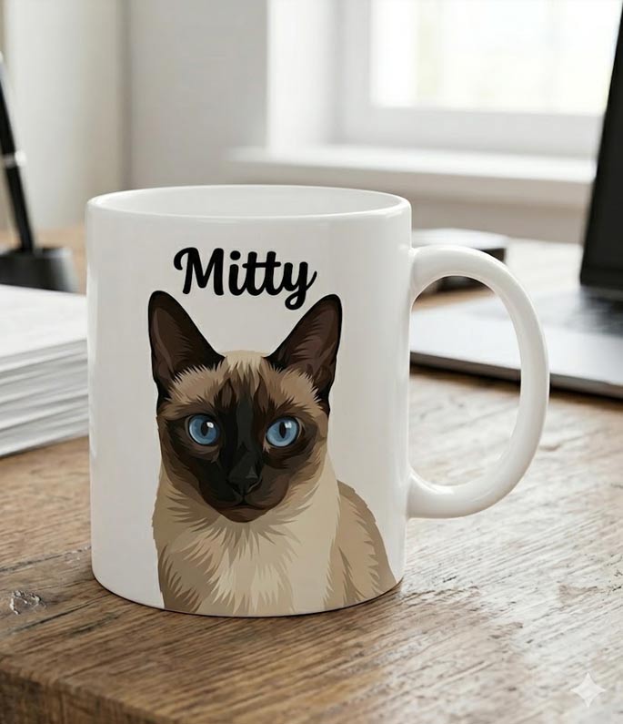 White mug with a custom cat illustration and 'Mitty' text on a wooden surface.