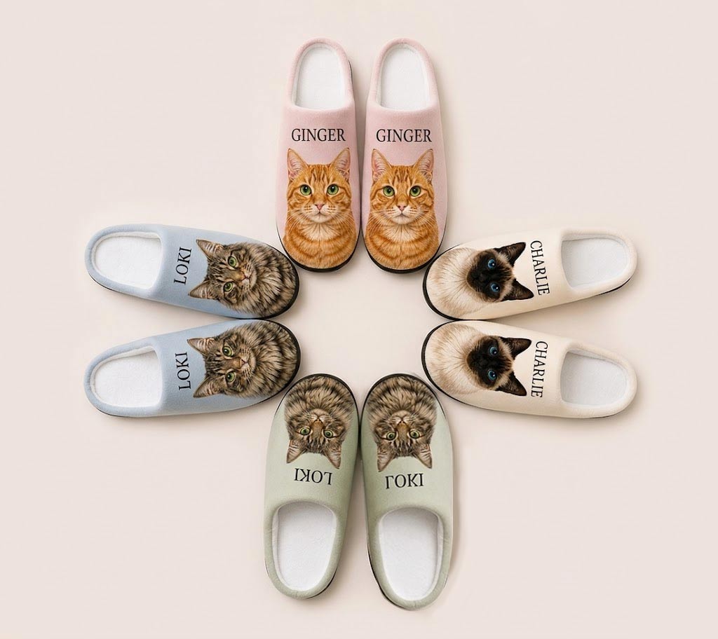 Pair of slippers color choice  with custom cat illustrations and names on a beige background