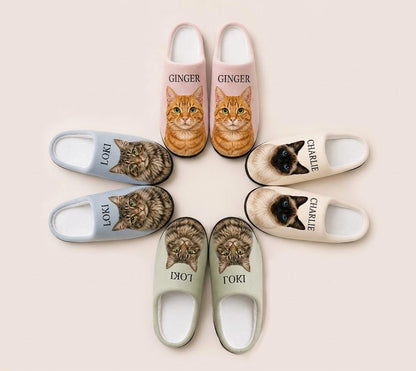 Pair of slippers color choice  with custom cat illustrations and names on a beige background