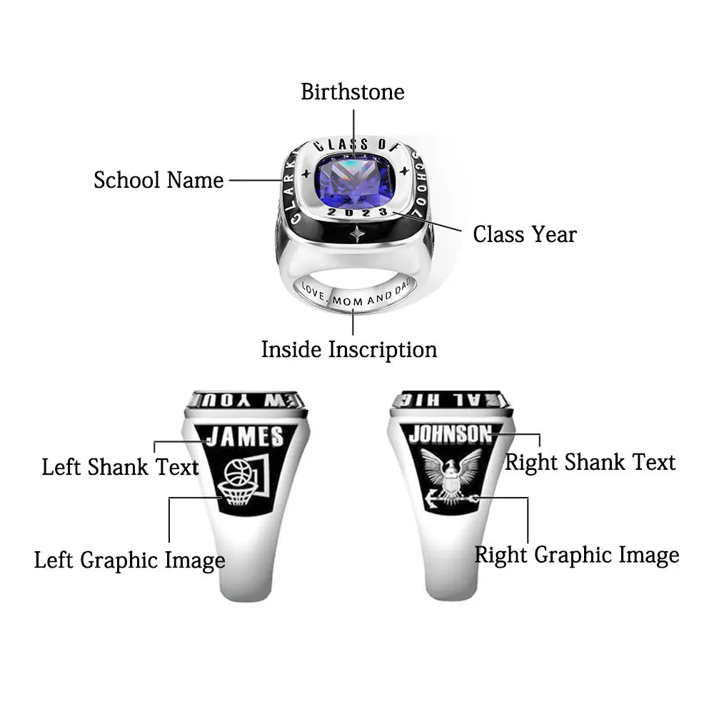 Custom class ring personalization options showing birthstone, school name, class year, side engravings, graphics, and inside inscription