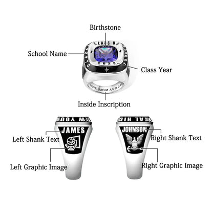 Custom class ring personalization options showing birthstone, school name, class year, side engravings, graphics, and inside inscription