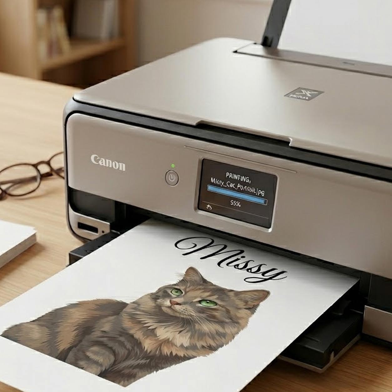 A printer producing a custom digital cat portrait print, displaying a customized pet memorial and anniversary gift illustration for cat owners.
