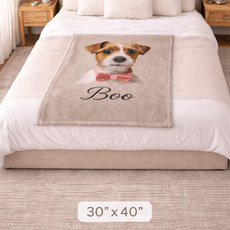 custom Dog blanket with 'Boo' on a bed, size 30" x 40".