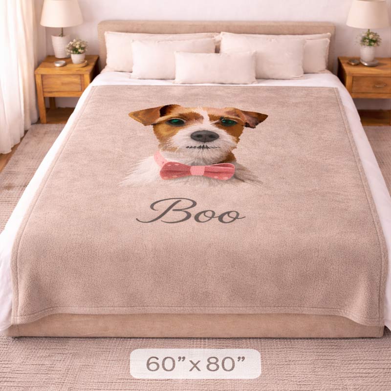 custom Dog blanket with 'Boo' on a bed, size 60" x 80".