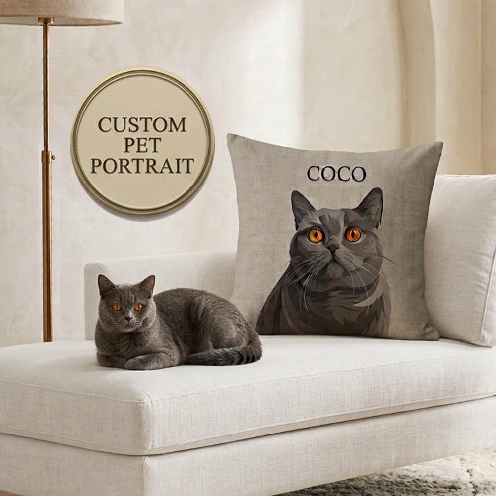 Custom Cat Portrait Pillow Case | Personalized Digital Illustration