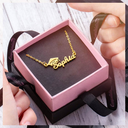 Personalized graduation name necklaces in gold with bachelor cap design
