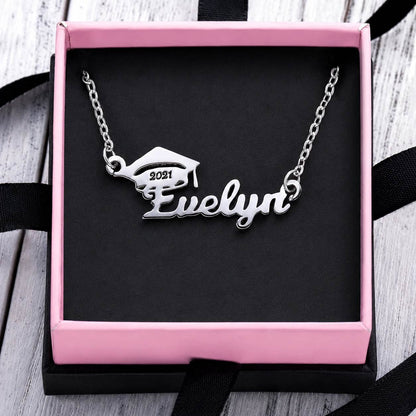 Personalized graduation name necklaces in silver with bachelor cap design