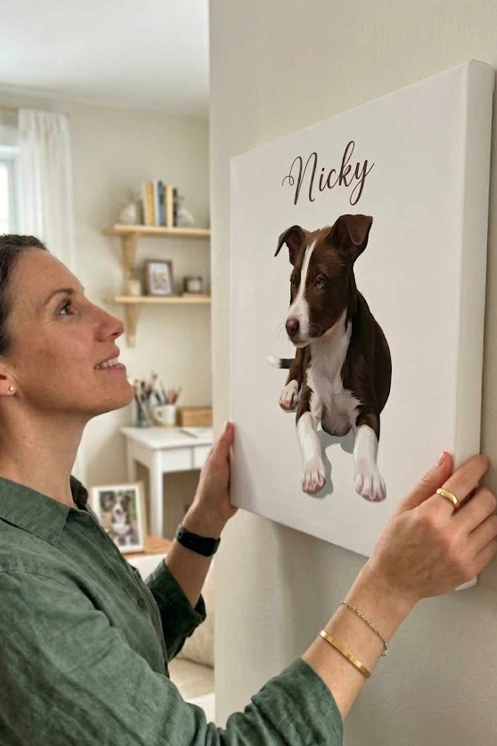 Custom dog portrait on high-quality canvas by Aurimuse, showing a realistic vector illustration of a puppy as a meaningful pet loss gift.
