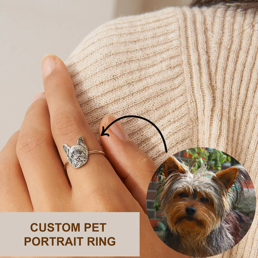 woman is wearing a custom dog portrait ring 