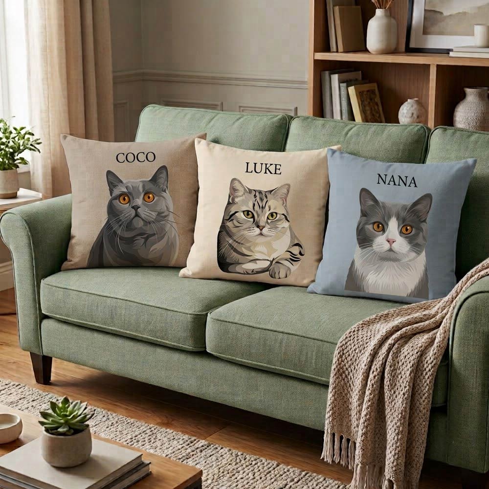 Custom Cat Portrait Pillow Case | Personalized Digital Illustration