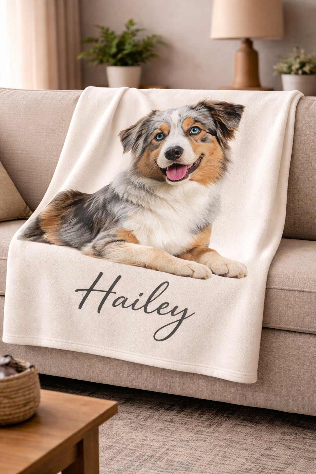Personalized dog portrait blanket with the name Hailey, draped over a couch in a cozy home setting