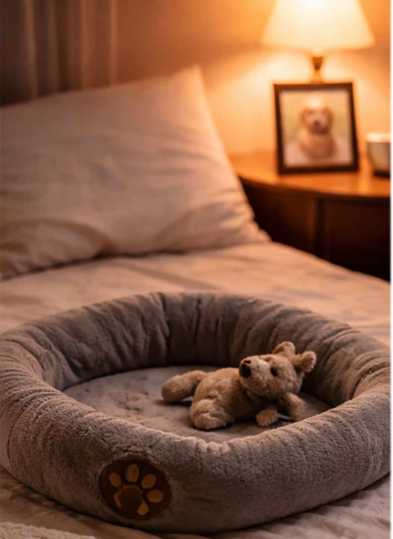 Pet bed with a teddy bear on a cozy bed in a bedroom setting.