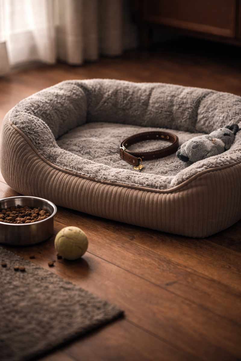 Empty pet bed with collar and toy, symbolizing grief and guilt after losing a beloved pet