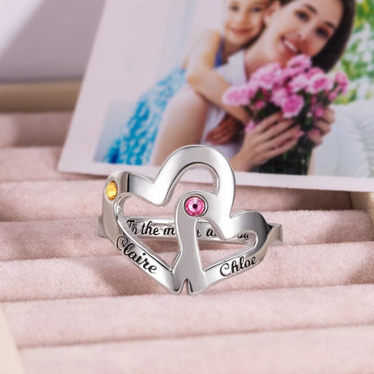 Silver mother and daughter double heart ring with two birthstones and custom name engraving