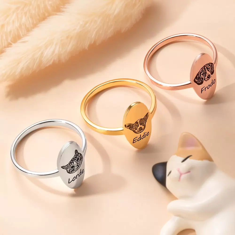 Engraved pet portrait signet rings oval shape displayed in silver, gold, and rose gold finishes
