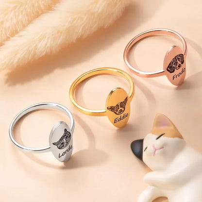 Engraved pet portrait signet rings oval shape displayed in silver, gold, and rose gold finishes