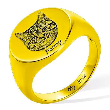 Gold heart-shaped personalized ring engraved with uploaded pet portrait