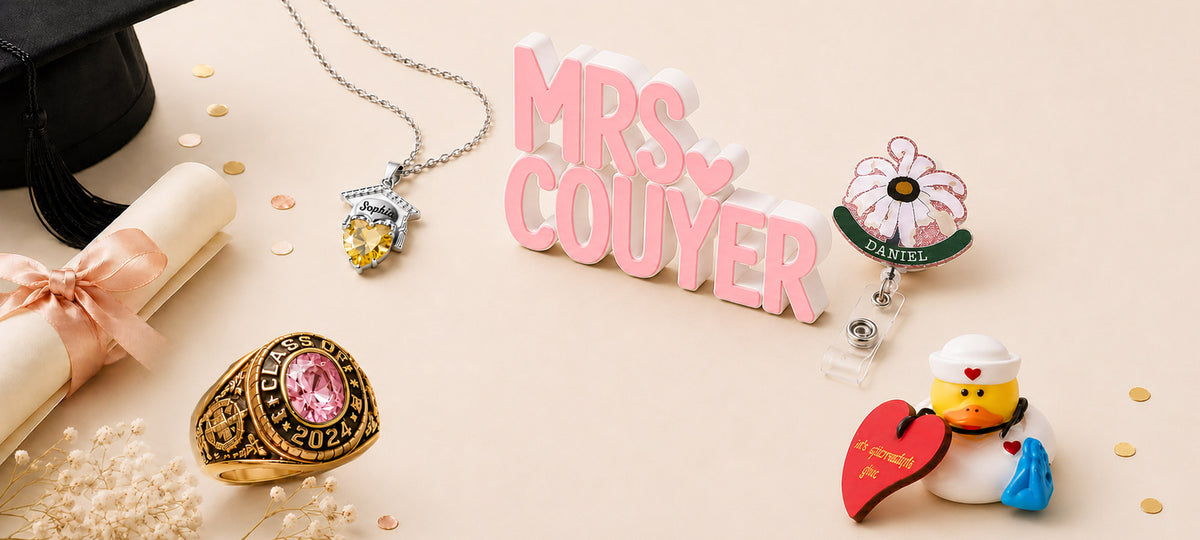 Personalized graduation and career gifts including a custom graduation ring, birthstone necklace, teacher name sign, nurse appreciation duck, and personalized daisy badge reel