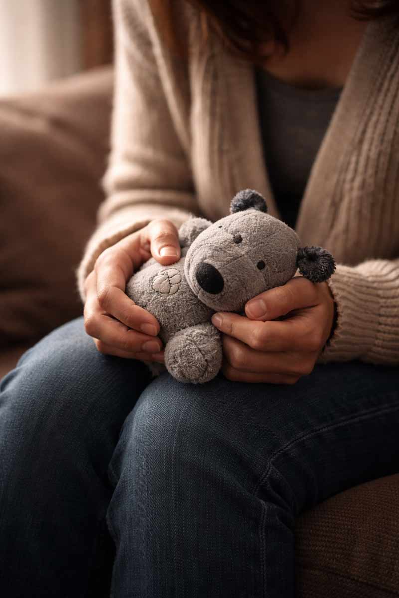 Person holding a pet’s toy while grieving and coping with guilt after the loss of a beloved pet