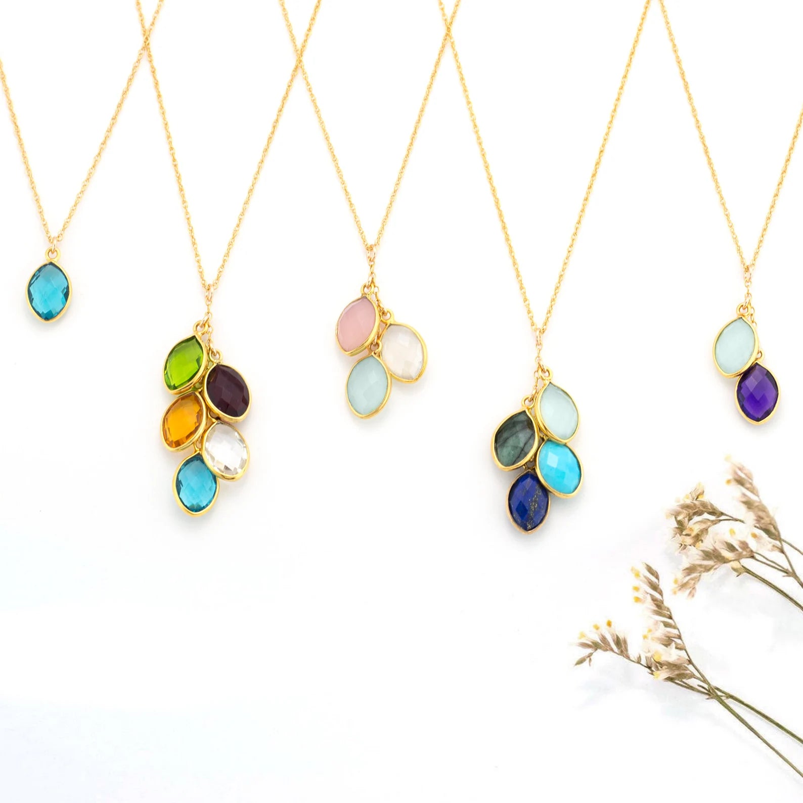Personalized Family Symbol Leaves Birthstone with Engraved Name Necklace