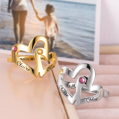 Personalized mother and daughter double heart rings with two birthstones and engraved names, meaningful family jewelry