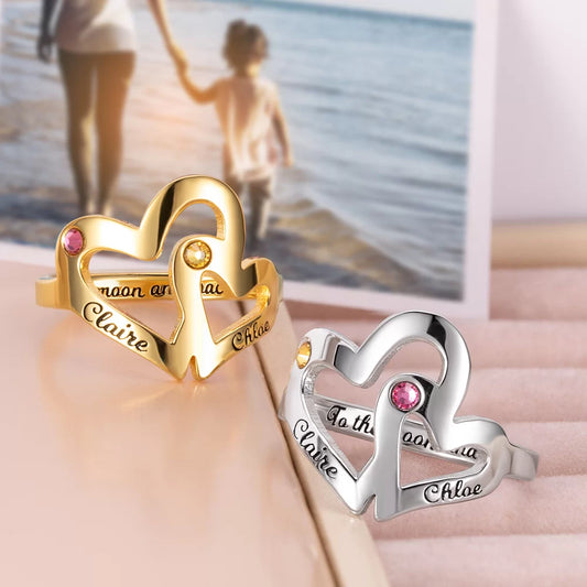 Personalized mother and daughter double heart rings with two birthstones and engraved names, meaningful family jewelry