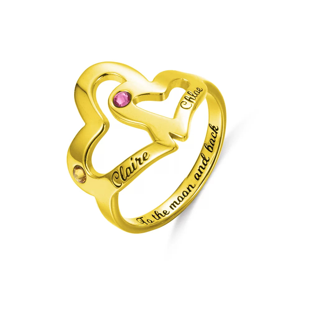 Gold custom mother and daughter birthstone double heart ring with engraved names and personalized inner band text
