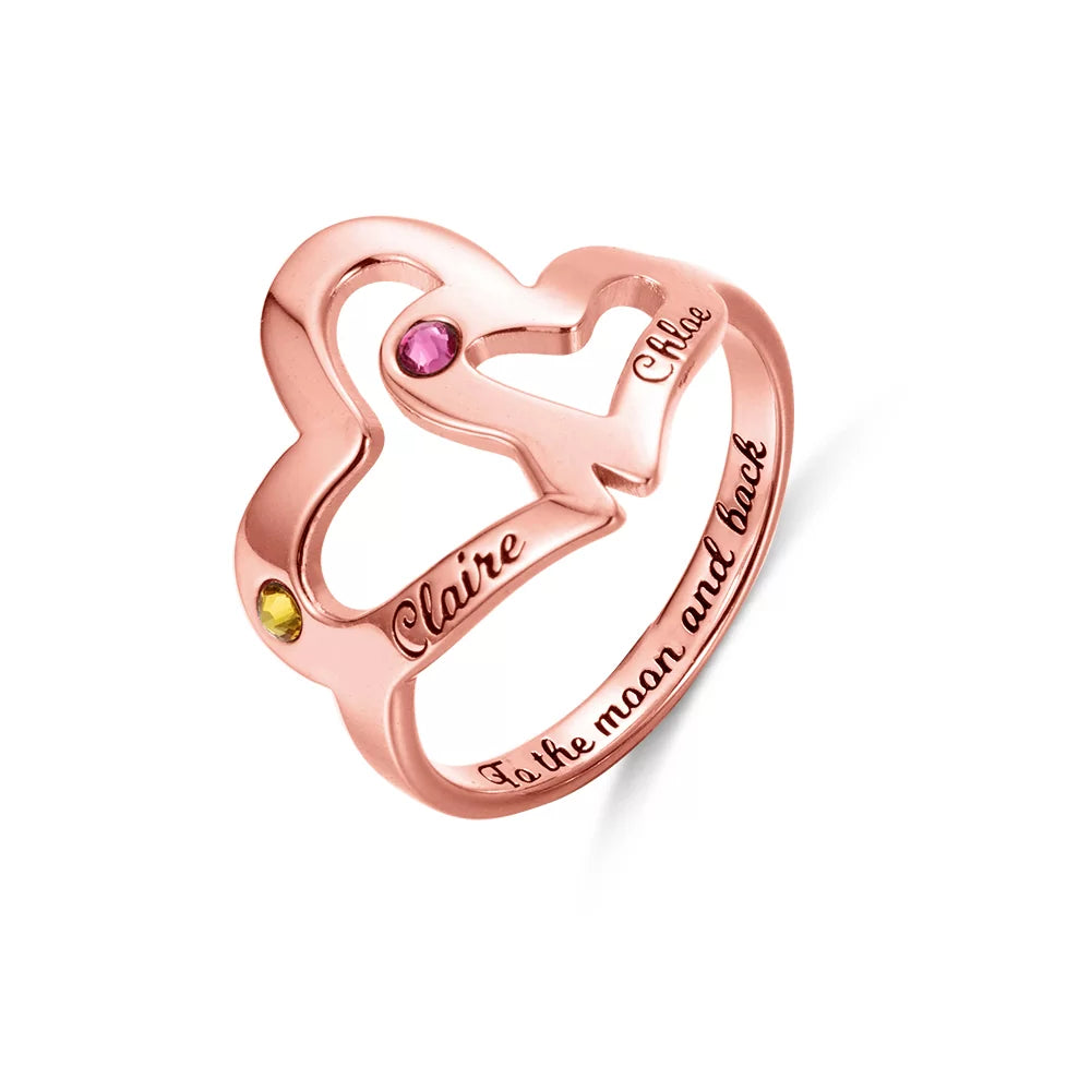 Rose gold custom mother and daughter birthstone double heart ring with engraved names and personalized inner band text