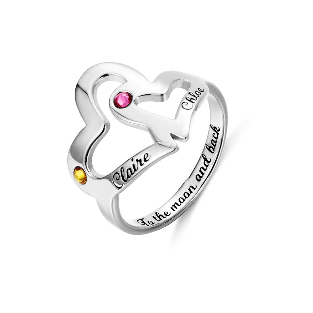 Silver custom mother and daughter birthstone double heart ring with engraved names and personalized inner band text
