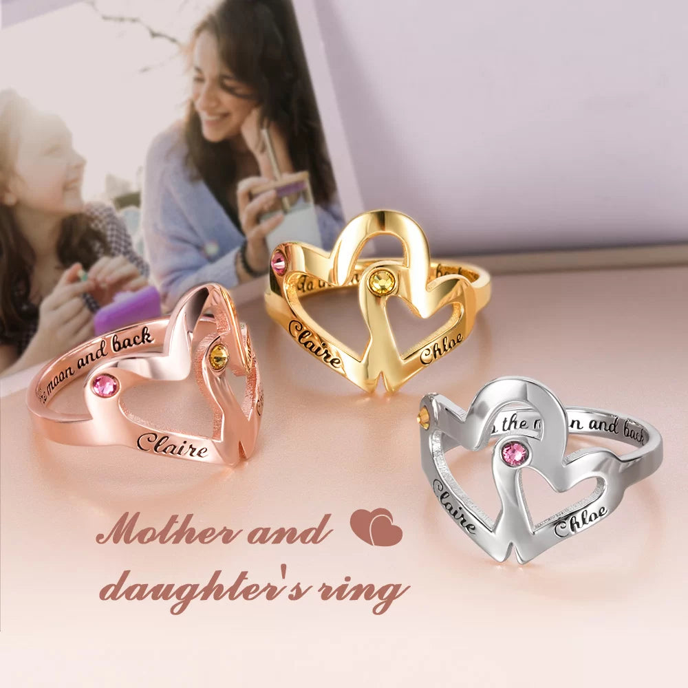Custom mother and daughter birthstone double heart rings, engraved with names and symbolic family meaning