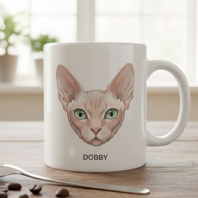 Personalized pet portrait mug featuring a sphynx cat illustration with the name "Dobby"