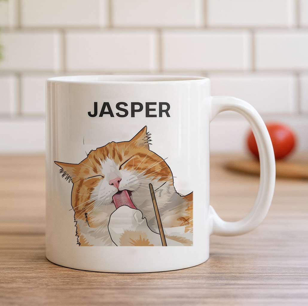 Personalized pet portrait mug featuring a cat illustration and the name “JASPER”