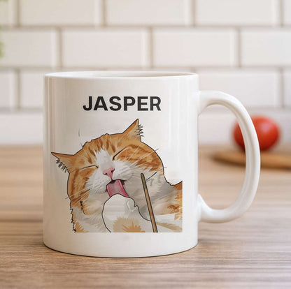 Personalized pet portrait mug featuring a cat illustration and the name “JASPER”