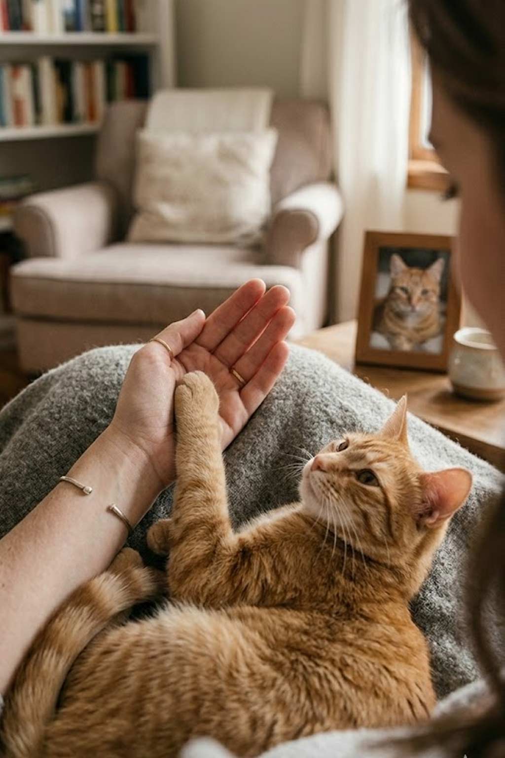 Cat reaching up to a person's hand in a cozy living room setting