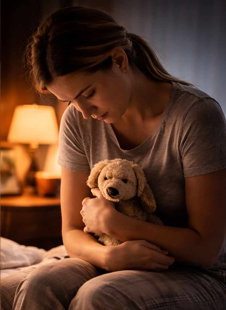 Woman holding a teddy bear in a dimly lit room