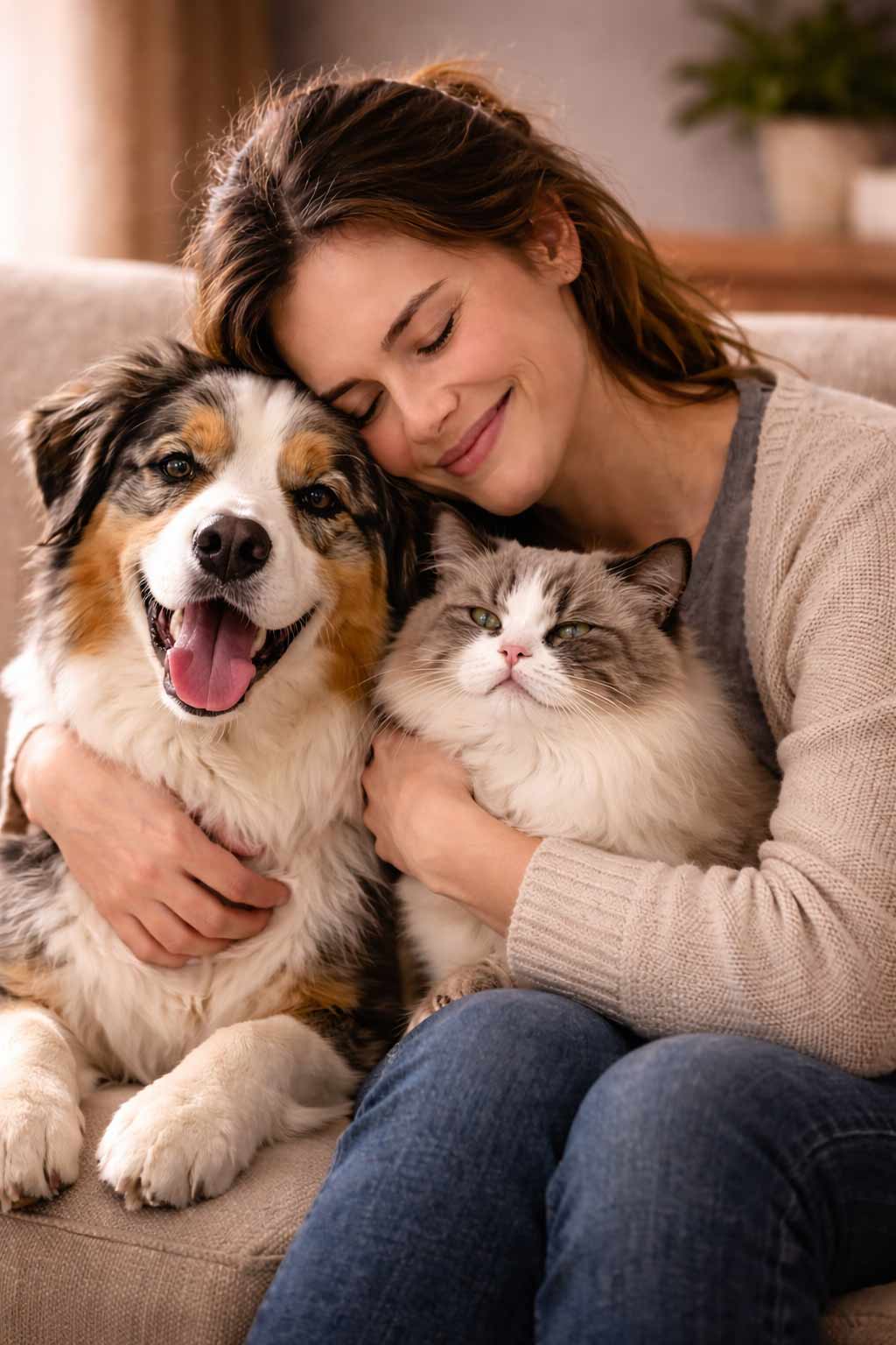 Person sitting with a dog and a cat, showing love and emotional connection before pet loss and grief