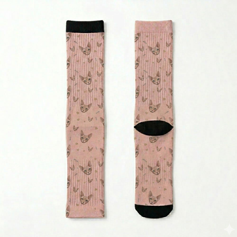 Custom cat face print socks in pastel pink color featuring an illustrated hairless cat pattern
