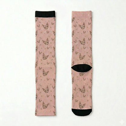Custom cat face print socks in pastel pink color featuring an illustrated hairless cat pattern